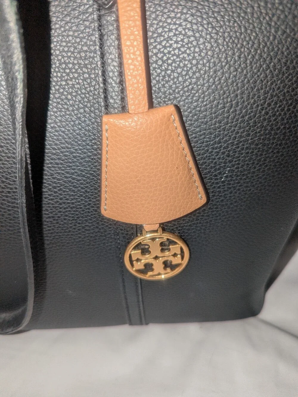 Tory Burch Perry Compartment Black Leather Tote with Tan Charm